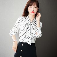 Wave point chiffon shirt female long sleeve shirt 2023 autumn fashionable western style ribbon shirt niche design sense