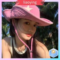 LIAOYING พังก์สไตล์ หมวกคาวบอย ดาวสีชมพู พับเก็บได้ หมวกตะวันตกแวววาว อุปกรณ์ปีนเขา เดนิมเดนิม หมวกป้องกันแสงแดด ผู้หญิงผู้ชาย