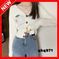 qkq971 2022 Autumn And Winter New Korean Sweet Color Buttons V-Neck Long-Sleeved Knitted Cardigan WomenS Small Jacket Trend