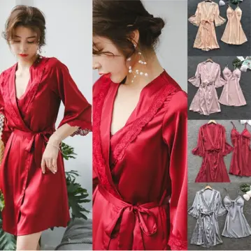 3PCS Sexy Women's Silk Satin Nightie Gown Lingerie Sleepwear