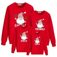 [In stock] คริสต์มาสคนแคระสร้างสรรค์เสื้อคอกลมพิมพ์ลายตลกสีดำและสีแดงชุดแม่ลูกแม่และพ่อเด็กยุโรปและอเมริกา