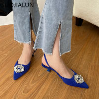 SUOJIALUN 2022 Spring Crystal Women Slingback Sandals Thin Low Heel Ladies Elegant Pointed Toe Slip On Mules Pumps Zapatillas Mu