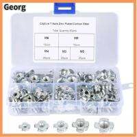 GEORG 90Pcs เหล็กคาร์บอนชุบสังกะสี ที-นัทส์ มี5ขนาด M3/M4/M5/M6/M8 4 pronged NUTS Assortment KIT พร้อมกล่องเก็บของ ทีออฟถั่ว ไม้สำหรับไม้