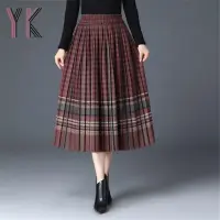 Plaid Stripe Autumn Winter Warm Woolen Pleated Midi Skirts Vintage Indie Loose Elastic Band High Waist Casual Skirts A-Line Saia