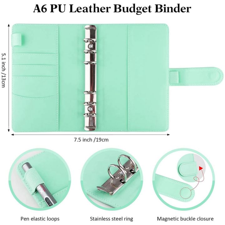 2x-budget-binder-a6-pu-leather-notebook-planner-organizer-refillable-6-ring-binder-cover-letter-sticker-labels-green