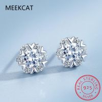 {Han Ornamations} Moissanite 0.5CT ต่างหูเม็ดกลม1CT ชุบทองคำขาว925เงินสเตอร์ลิง D VVS1แล็บดอกไม้ประดับเพชรตุ้มหูสำหรับผู้หญิง