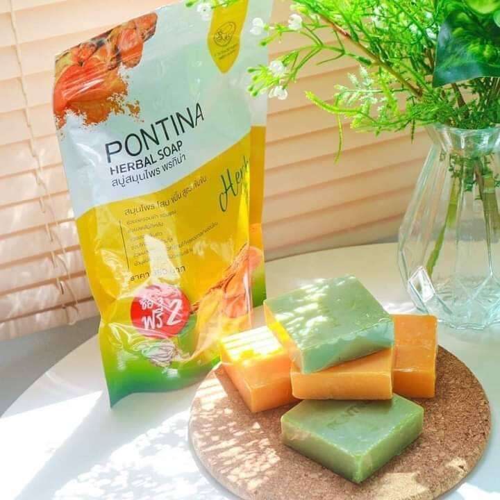 pontina-herbal-soap-สบู่สมุนไพรโสมขมิ้น-ทำความสะอาดผิว-พรทินา-1-ซอง-มี-5-ก้อน-ขนาด-300-กรัม