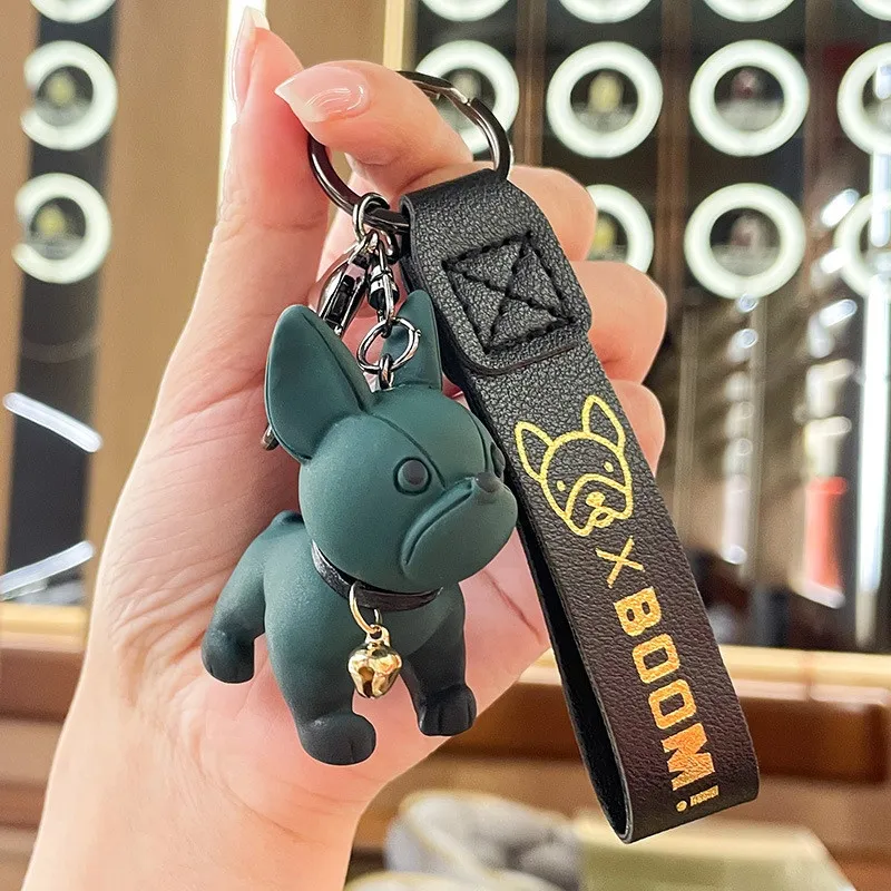 fashion french bulldog keychain bag pendant leather car keychain couple key  holder chain ring cute dog trinket animal keyfob