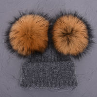 Double Fur Pom Pom Women Winter Hat Female Wool Removable Fur Ball Knitted Beanie Cap with 2 Natural Color Raccoon Fur Pompon