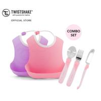 Twistshake เซ็ทสุดคุ้ม No Mess Combo | Bibs &amp; Learn Cutlery ผ้ากันเปื้อนซิลิโคน แพ็คคู่ 2 ตัว &amp; ชุดช้อนส้อมสำหรับเด็ก