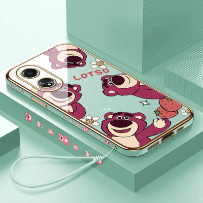 GGK สำหรับ OPPO A58 4G ฟรีสายคล้องการ์ตูนน่ารักหมี Lotso ลายขอบสี่เหลี่ยมเคสโทรศัพท์ชุบหรูหราชุบเคสโทรศัพท์นิ่ม