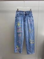 2023 Early Autumn New Womens Graffiti Print Straight Leg Jeans Long Pants