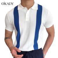 OKADY เสื้อเชิ้ตแขนสั้นผู้ชายผ้านุ่มฤดูร้อนแขนสั้นลายทางสีขาวบางพอดีเสื้อโปโล