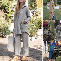 Loose Cotton Linen Ladies Blouse Pant Suit Set Female Women Long Sleeve Blouse Pullover Top Two-Pieces Vacation Outfit Plus Size