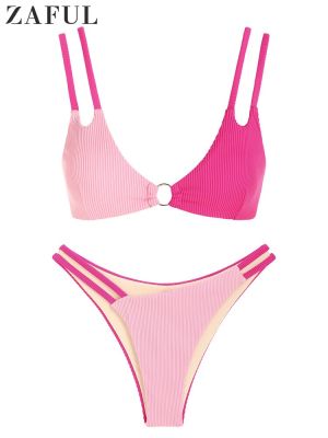 ZAFUL Womens O-ring Bikini Set Color Block Two Piece Wire Free Padded  Pink Top Low Waist Bottom Swimsuits Bathing 2023 Sexy xy2