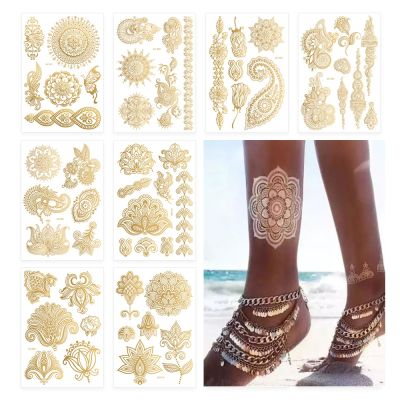 【YF】 Waterproof Temporary Tattoo Sticker Flowers Mandala Henna Rose Gold Metallic Flash Tatoo Boho Lotus Jewelry Glitter Body Art