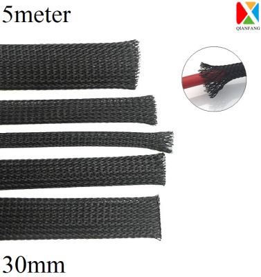 5M Braided Cable Sleeve 30mm Expandable PET Wire Wrap Nylon Tight High Density Sheath Protection Insulated Line Harness Black Electrical Circuitry Par