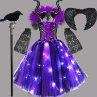 2023 Illuminating Maleficent Tutu Dress Child Cosplay Halloween Malefient Costume for Girls Vallain Evil Queen Clothing Vesidos