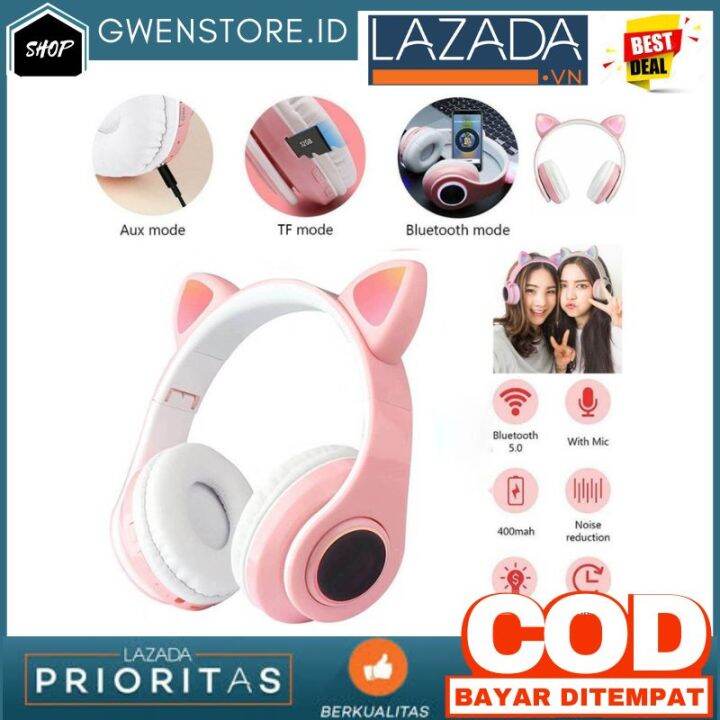 Bluetooth Headset Headphone Telinga Kucing Cute Cat Ear Super Bass
