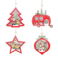 Christmas Ornaments Hollow Wooden Pendant Creative Lighted Trolley Small Tree Ornaments