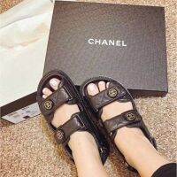 【high quality】original CHANELˉ Summer new temperament rhinestone black and white leather ge Ling sandals open toe Velcro platform womens shoes summer new style womens shoes slippers for women slides outside wear sandals for women