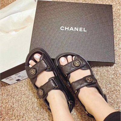 【high quality】original CC Summer new temperament rhinestone black and white leather ge Ling sandals open toe Velcro platform womens shoes summer new style womens shoes slippers for women slides outside wear sandals for women