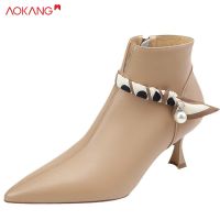 AOKANG รองเท้าบูทส้นเข็มสำหรับผู้หญิงรองเท้าส้นสูงรองเท้าบูทแหลม Sepatu BOOT Pendek สไตล์ฝรั่งเศส