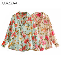 CLAZZAA เสื้อเชิ้ตโอเวอร์ไซส์ผ้าซาตินสำหรับผู้หญิง,เสื้อเชิ้ตทรงหลวมพิมพ์ลายดอกไม้คอพับคอเสื้อแขนยาวกระดุมแถวเดียวเสื้อเบลาส์เสื้อวินเทจลำลองสำหรับผู้หญิง