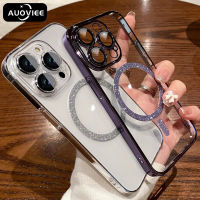 AUOVIEE Casing PC กากเพชรโปร่งใสชุบหรูหราสำหรับ iPhone 14 Pro Max Magsafe สำหรับ iPhone 12 13 Pro Max 14 Plus ตัวปกป้องกล้องถ่ายรูป