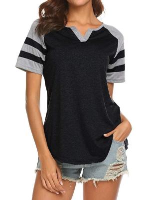 ‘；’ Womens Fashion Summer V-Neck Short Sleeve Stitched Stripe T-Shirt Casual T-Shirts