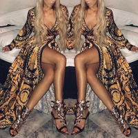 Women Retro Dresses Bohemian Floral Print Gold Color Deep V Neck Womens Maxi Dress y Paisley Female Party Dress Robe Clubwear