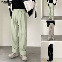 Beehoo INCERUN กางเกงขายาวทรงตรงสำหรับผู้ชาย,กางเกงขายาวมีจีบทรงหลวมแนวสปอร์ตใส่ทำงานใส่สบาย (สไตล์เกาหลี)