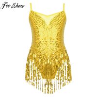 ☏❅✻ Girls Glitter Sequins Latin Dance Dress Tassel Leotard Jumpsuits Gymnastics Modern Ballet Jazz Dancing Kids Performance Costume