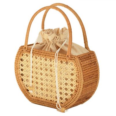 Vintage Hand Basket for Picnic Basket Travel Hand Woven Rattan Handbag Semicircular Stitching Inner Pocket