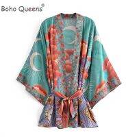 Boho Queens Sablon Bunga ผู้หญิง,เดรสกิโมโนโบฮีเมียนชายหาดแขนค้างคาวเสื้อคลุมสั้นผ้าเรยอนคอวี