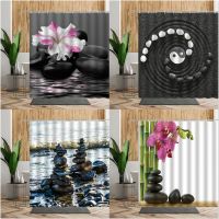 3D Black Zen Stone Shower Curtain Flower Bamboo Printed Bathroom Decor Chinese Spa Hanging Cloth Bath Curtains Waterproof Fabric