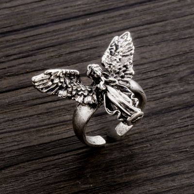 Coconal Vintage Distressed Angel Silver Color Ring Punk Hip Hop Couple Rings Party Jewelry Gift Anillos Mujer