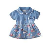 0-4Y Cute Lovely Summer Dress Toddler Baby Girls Pan Petal Sleeve Single Breasted Denim Blue Bow Floral Print Dress  by Hs2023