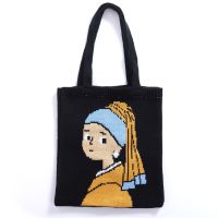 Classical Girl with A Pearl Earring Pattern Knitting Tote Bag Female Girl Fashion Anime Cute Stylish Soft Crochet Woolen Handbag