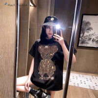 HuaX เสื้อผู้หญิง Rhinestone กลางความยาวสั้นเสื้อยืดผู้หญิงขนาดใหญ่ด้านบน