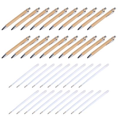 20 Pcs Bamboo Retractable Ballpoint Pen and 20 Pcs Extra Refills, Black Ink 1 mm Bamboo Pen Retractable Wooden Pens