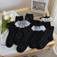 【LZ】◘℡  JK Black Frilly Lolita Lace Socks para mulheres meias femininas bowknot flor longo algodão vestido de tornozelo