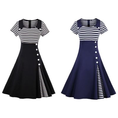 HOT11★Women Vintage Striped Dress Retro Rockabilly 2023 Sailor Dress tail Party 1950s 40s Swing Dress Summer Dress Short Sleeves