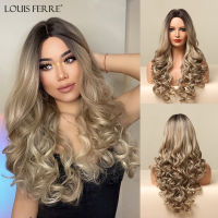 LOUIS FERRE Long Curly Wavy Hair Ombre Blonde Synthetic Wigs for Black Women Heat Resistant Cosplay Natural Wigs with Dark Root