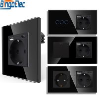 Bingoelec EU Standard Wall Light Switch Black Crystal Glass Panel Switch Panel With Wall Socket With tomada usb type-c