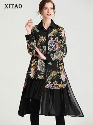 XITAO Dress Long Sleeve Women Casual Chiffon Black Print Shirt Dress