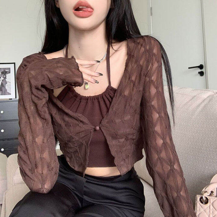 พร้อมส่ง-เสื้อครอปซีทรูเเขนยาวเเบบบาง-สไตลืเซ็กซี่-สีพื้นๆ-สำหรับผู้หญิง