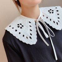 Women White Cotton Fake Collar Shawl Hollow Out Floral Fish Scale Necklace Scarf