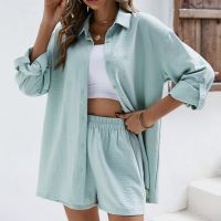 Summer Ladies Cotton Linen High Waist Shirt Suits Collar Long Sleeve Tops and Shorts Suit Cotton Casual Two Piece Sets 2023