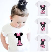 Baby Girls 1st Year Birthday T-shirt Kids Cute Cartoon Cotton Number 1 2 3 4 Print Top Children Bow Polka Dot Graphic Tees Shirt